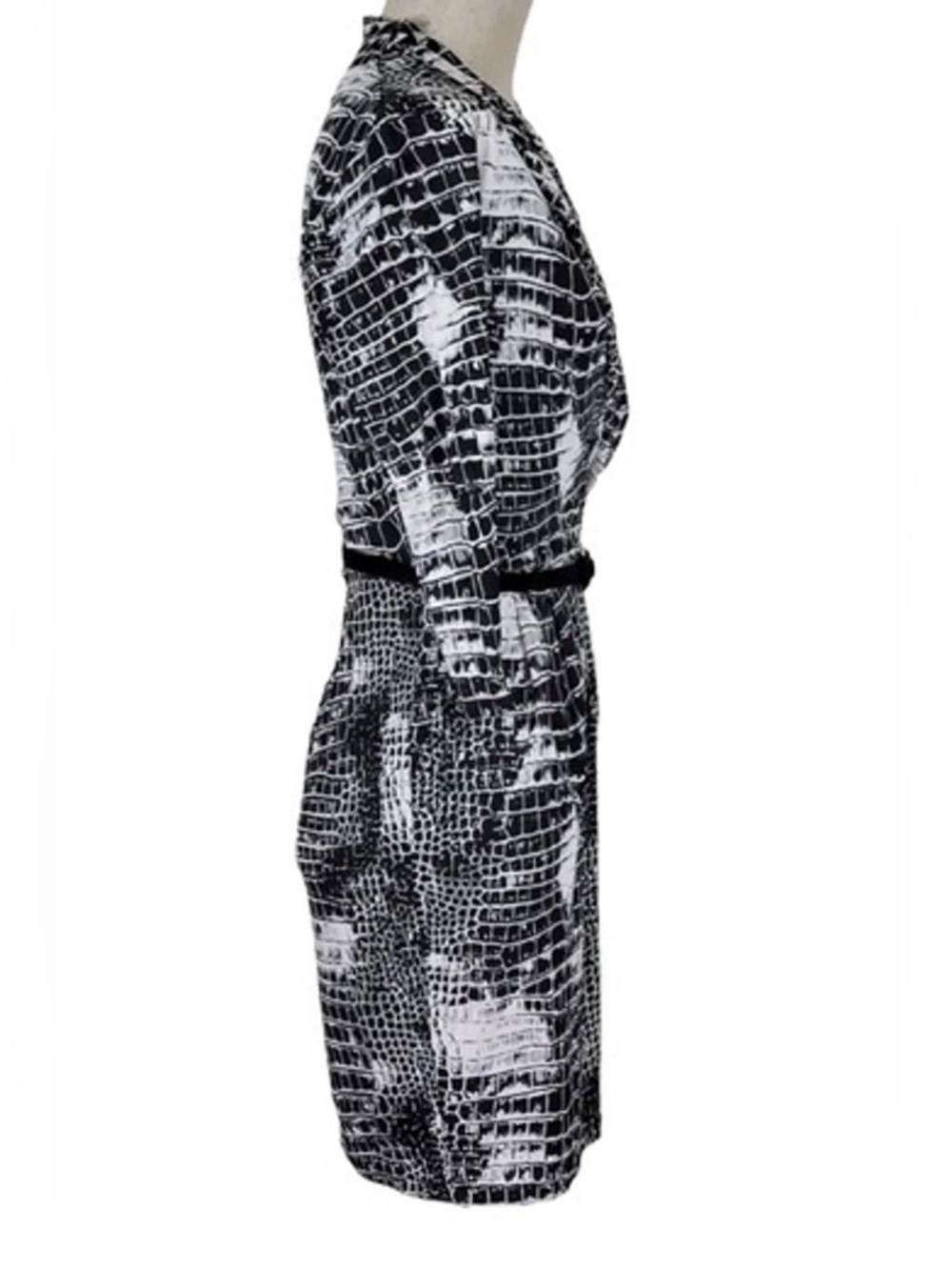 CATHERINE MALANDRINO Black/White Snakeskin Print Belted Silk Dress M - Picture 3 of 5